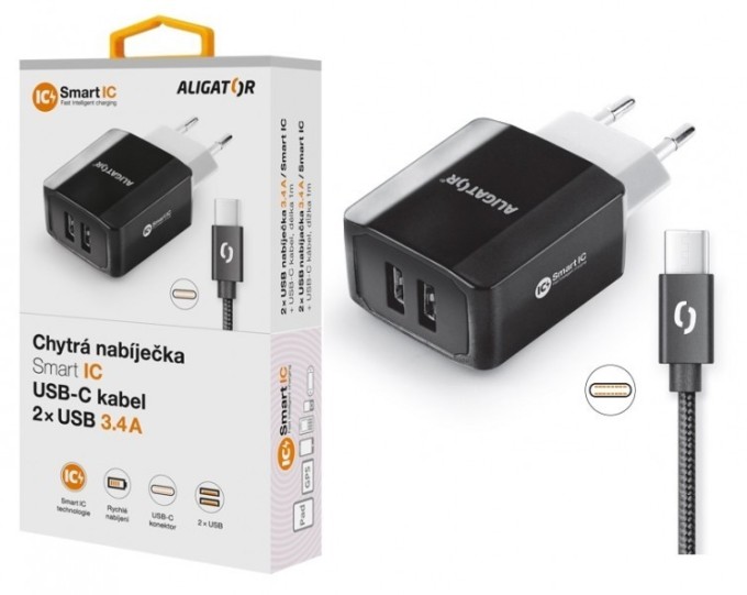 Chytrá síťová nabíječka ALIGATOR 3.4A, 2xUSB, smart IC, černá, USB-C kabel 2A