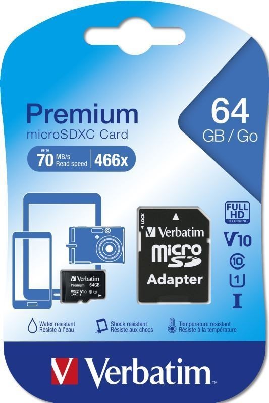 SDXC 64GB micro paměťová karta PREMIUM UHS-I (U1) (70MB/s), V10, Class 10 + adapter Verbatim