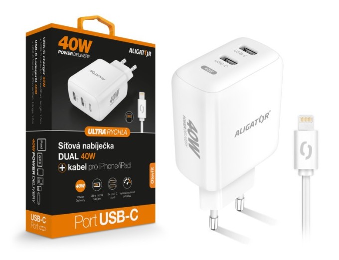 Chytrá síťová nabíječka ALIGATOR Power Delivery 40W, 2xUSB-C, USB-C kabel pro iPhone/iPad, bílá