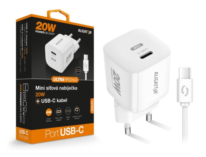 Chytrá mini síťová nabíječka ALIGATOR Power Delivery 20W, USB-C/USB-C kabel, bílá