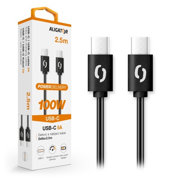 Datový kabel ALIGATOR POWER 100W, USB-C/USB-C 5A, 2,5m černý