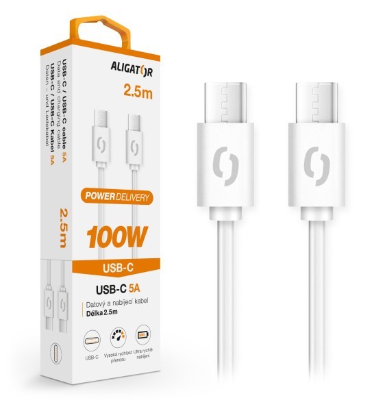 Datový kabel ALIGATOR POWER 100W, USB-C/USB-C 5A, 2,5m bílý