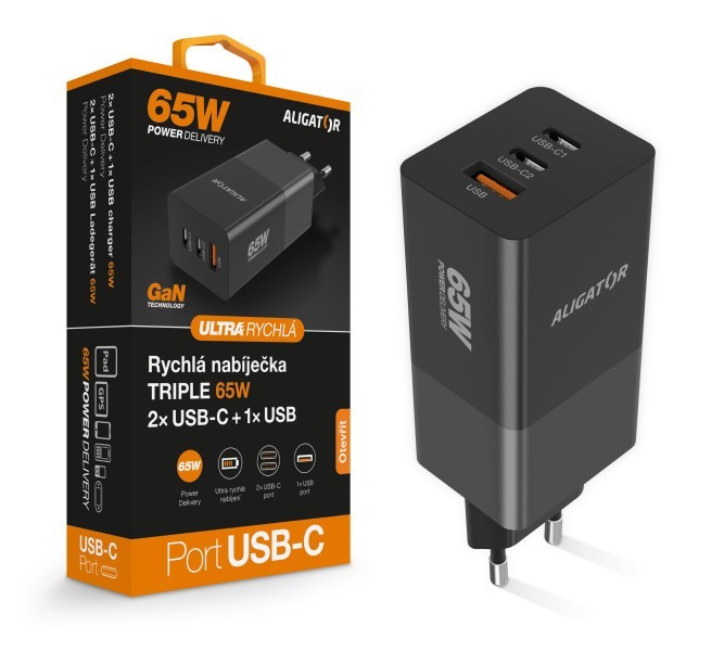 Chytrá síťová nabíječka ALIGATOR GaN, Power Delivery 65W, 2xUSB-C, 1xUSB-A, černá