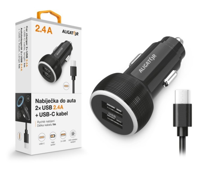 Nabíječka do auta ALIGATOR s USB-C kabelem a 2xUSB výstupem 2.4A, černá